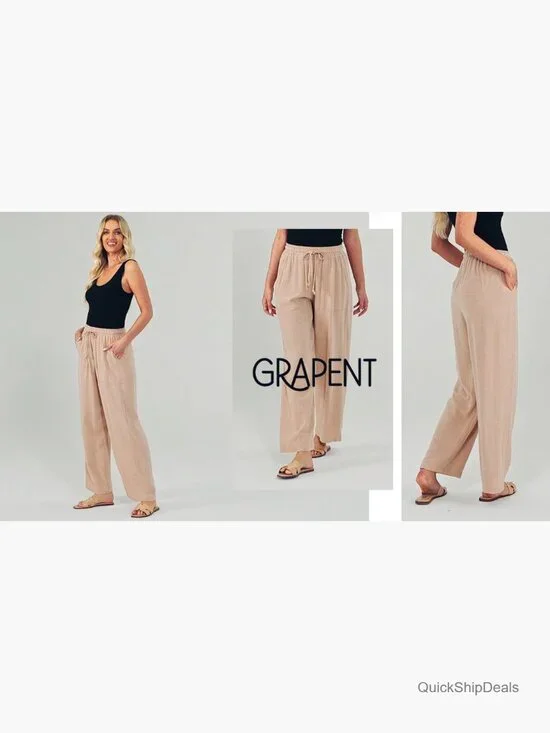 Linen Wide Leg Pants High Waisted Drawstring Elastic Waist Palazzo Trousers - Picture 7 of 7
